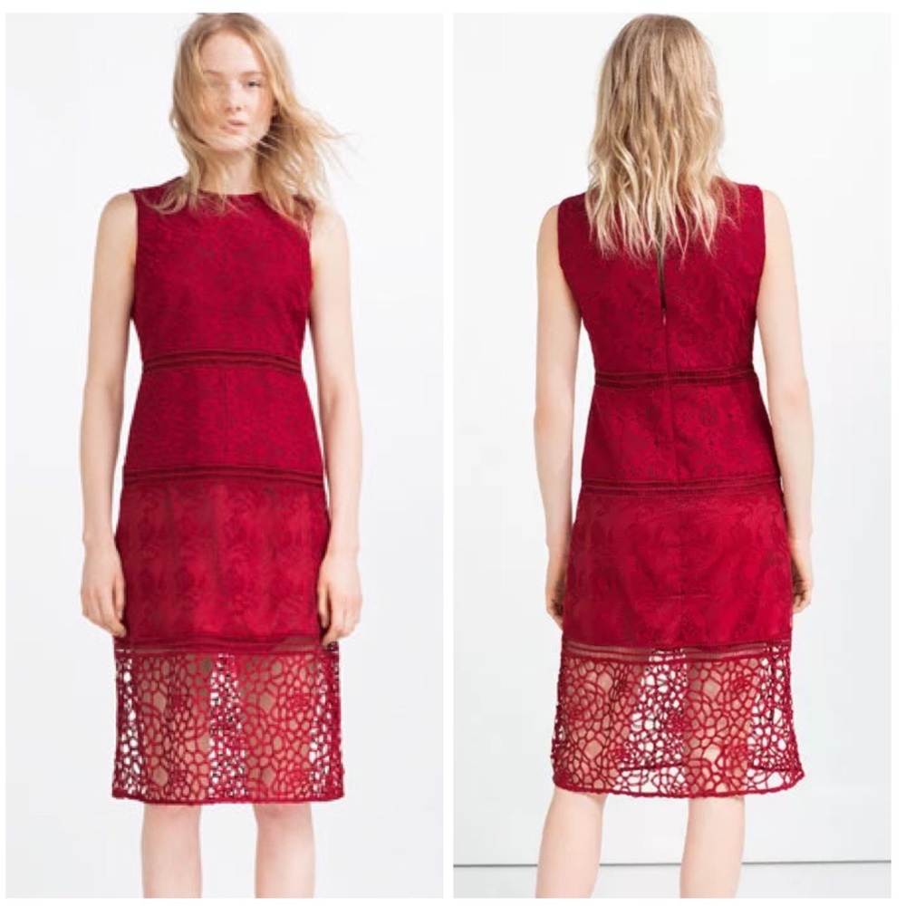 ZARA Red Embroidered Midi Dress, Small, NWT